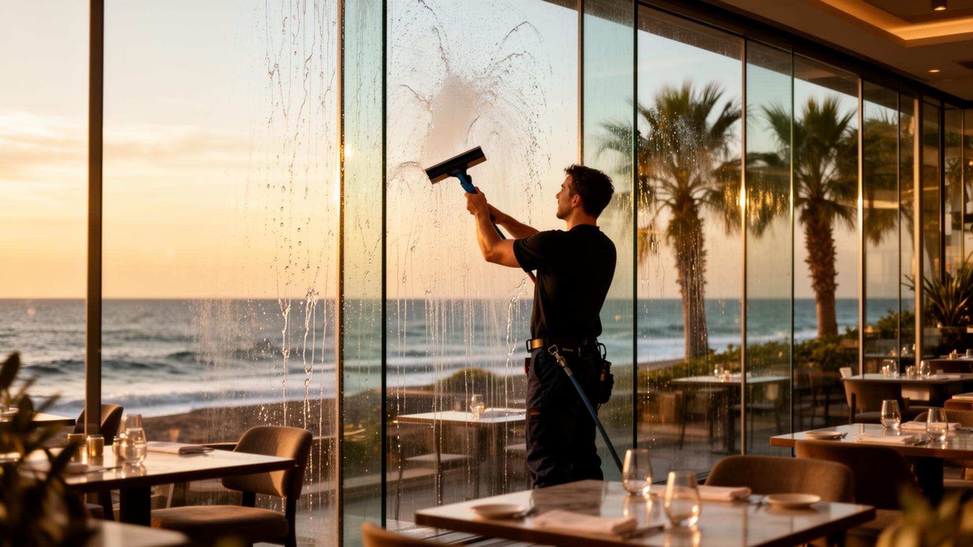 Swell window cleaner squeegeeing a floor-to-ceiling restaurant window at sunset